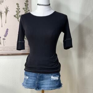 Y2k Black Silver Metallic Stitching Ribbed Top Grunge 2000s Basic M